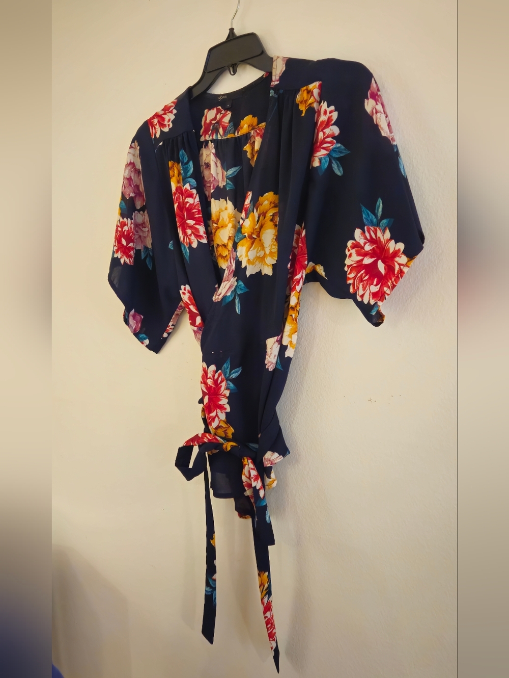 Gibdon Floral Tie-Waist Navy Wrap Blouse - Women Size Small